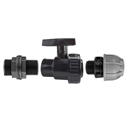 1” BSP Water Butt Fitting with Full Flow PP Valve and 25mm MDPE Fitting