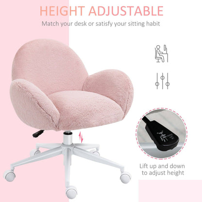 Fluffy Leisure Chair Office Chair with Backrest and Armrest for Home Bedroom Living Room with Wheels Pink