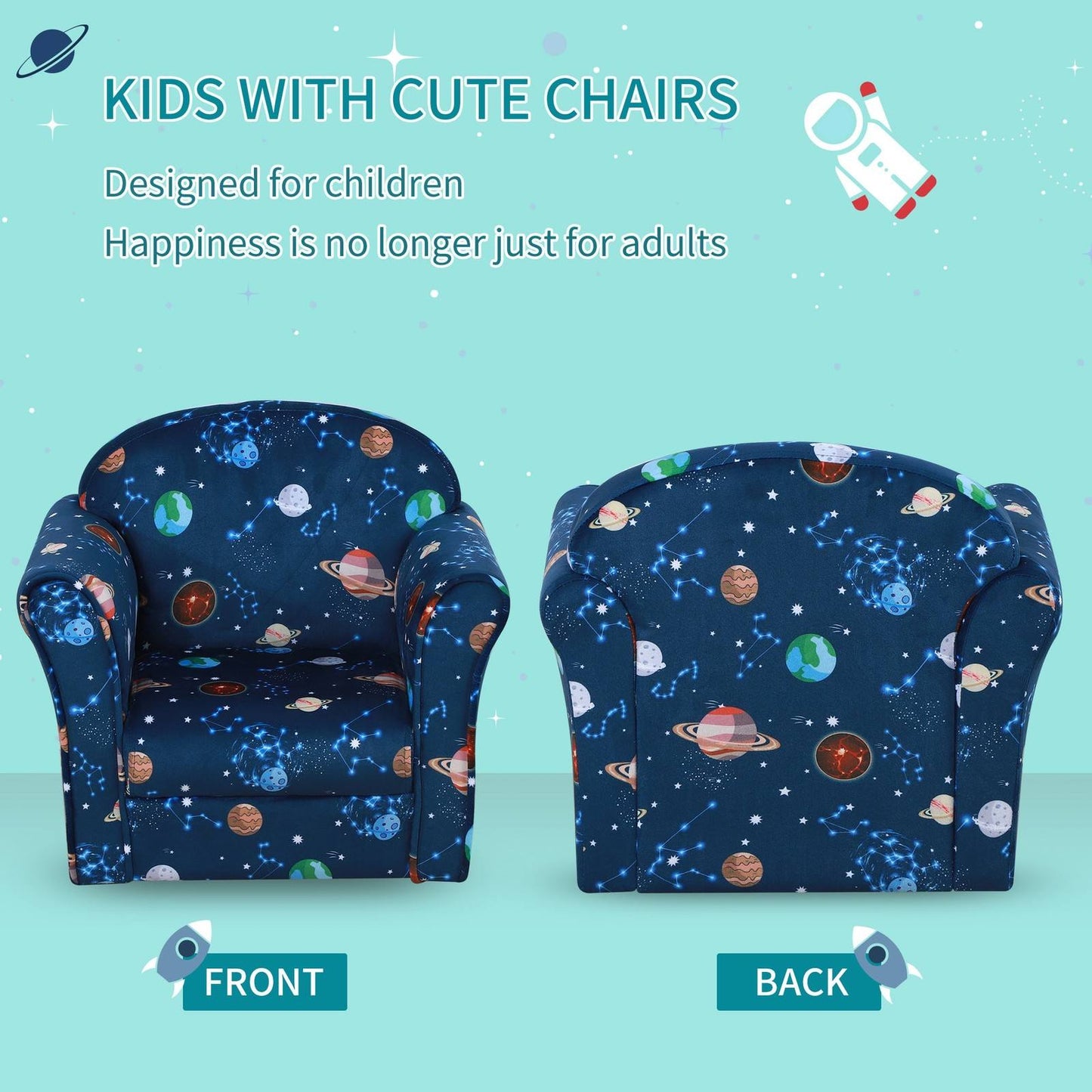 Kids Planet Themed Armchair With Non Slip Feet Wooden Frame Blue