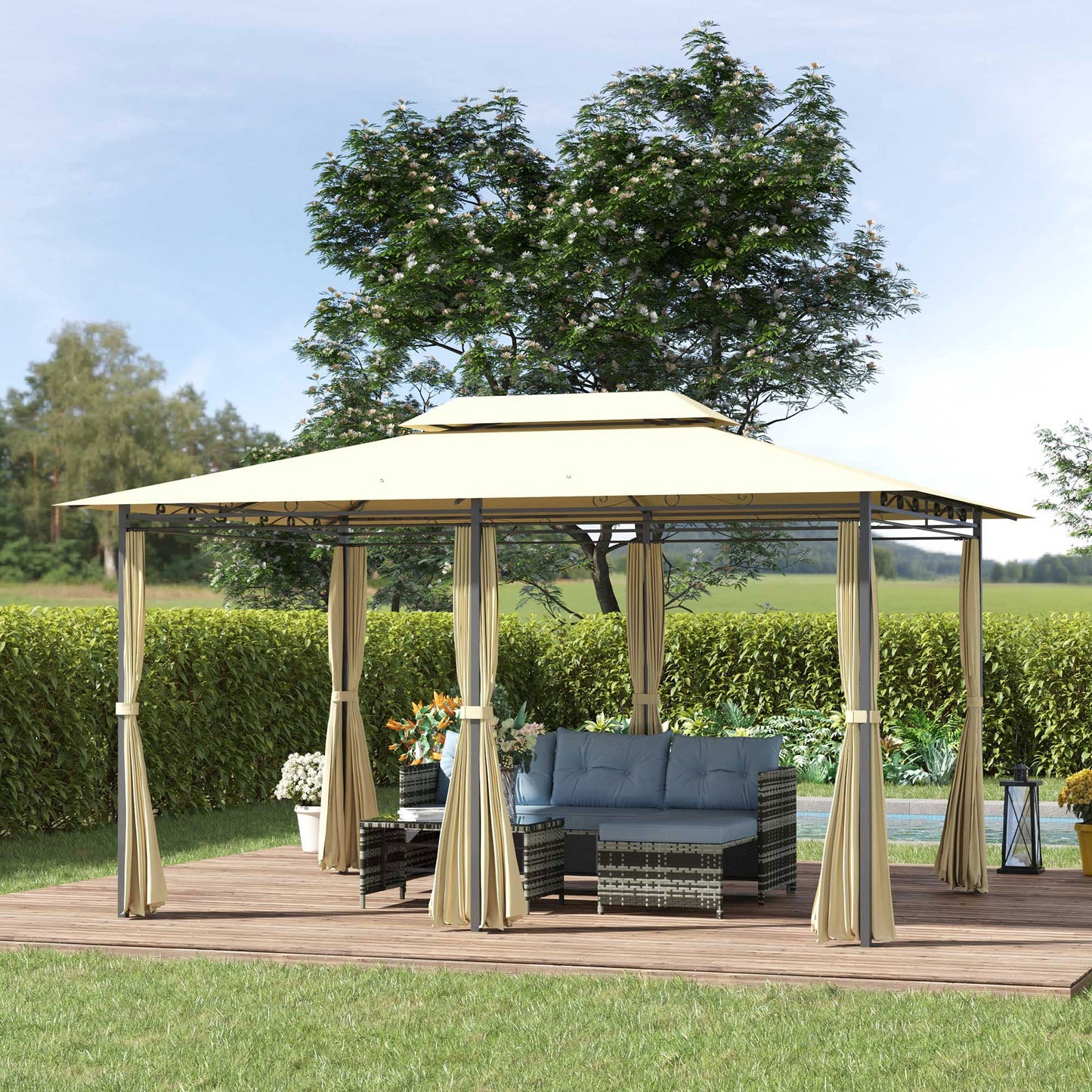 4m x 3M Metal Gazebo Canopy Party Tent Garden Pavillion Patio Shelter Pavilion with Curtains Sidewalls Beige