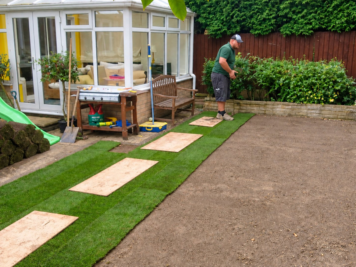 Lawn N Order laying turf from boards beside a conservatory