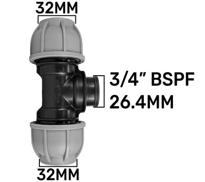 MDPE Tee 32mm and Nylon Garden Tap with Barb Outlet