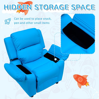 Kids Children Recliner Lounger Armchair Games Chair Sofa Seat PU Leather Look w/ Storage Space on Arms Blue