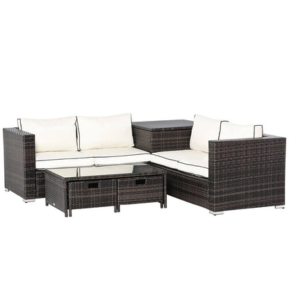 4-Piece Rattan Wicker Garden Furniture Patio Sofa Storage & Table Set w/ 2 Drawers Coffee Table