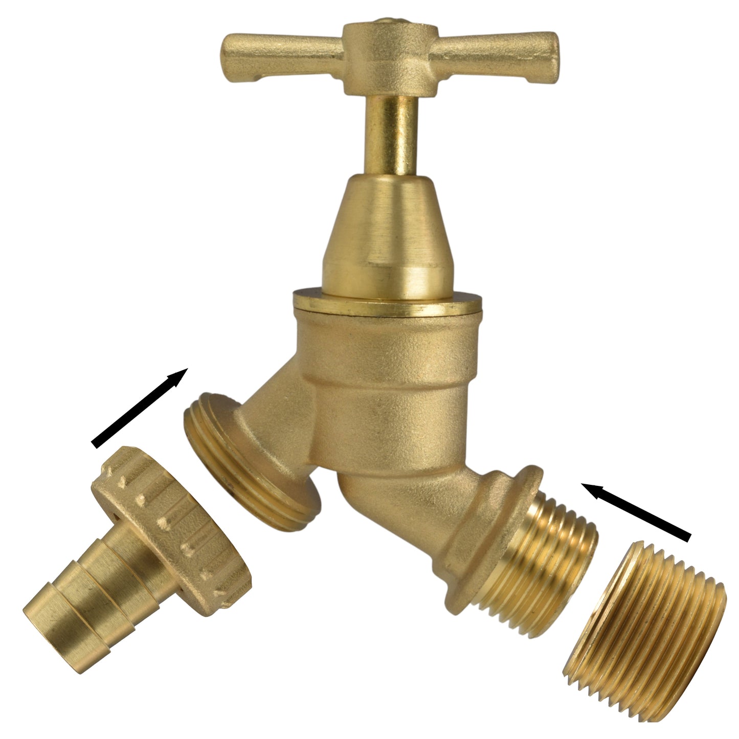 Brass Bib Tap Kit with Barb/Quick Connect Outlet, 1/2" and 3/4" BSP Thread Inlet
