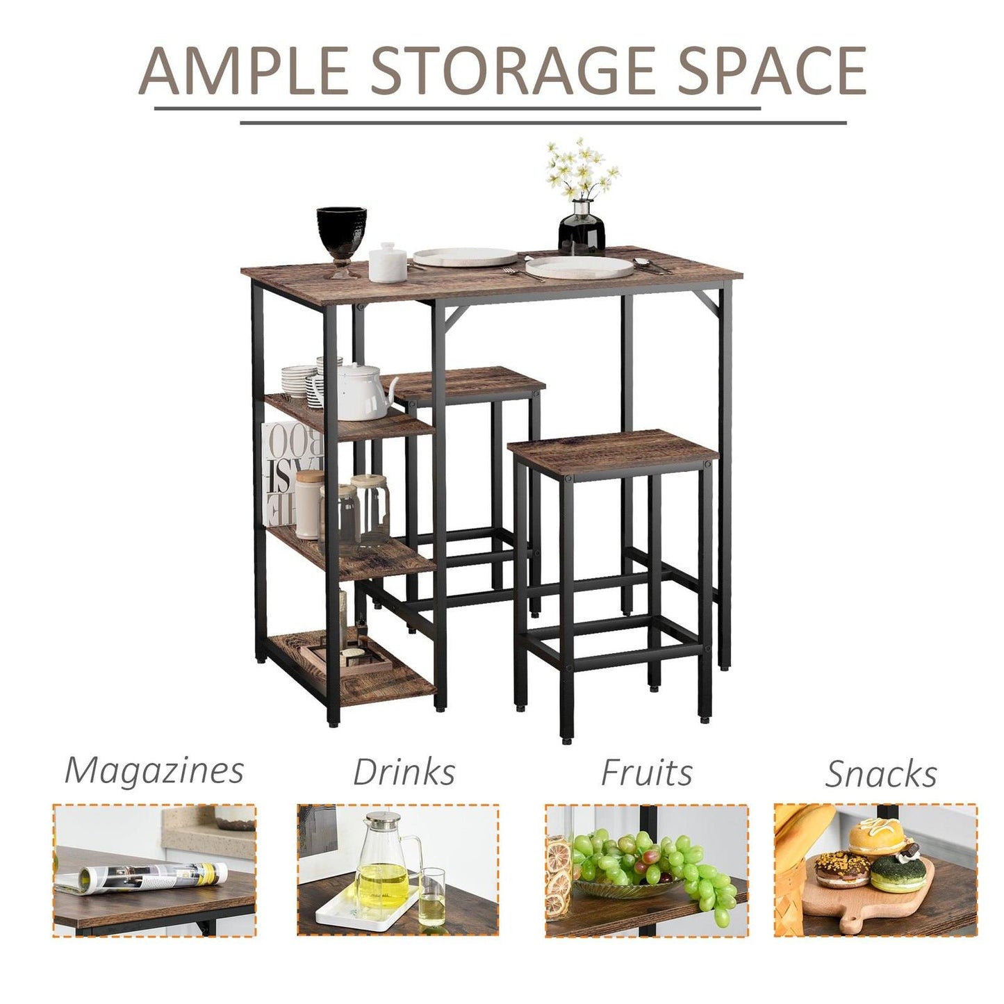Dining Table Set Industrial Bar Height With 2 Stools & Side Shelf
