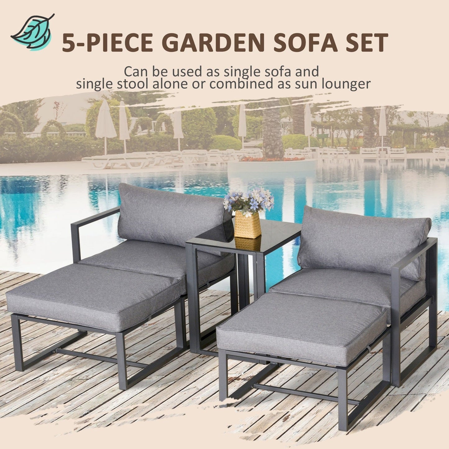 5-Piece Garden Conversation Set Sun Lounger 2 Footstools End Table with Cushions