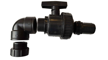 IBC 2” S60X6 Cap with Large Plastic Valve, 2” BSP Elbow and 50mm Barb Straight