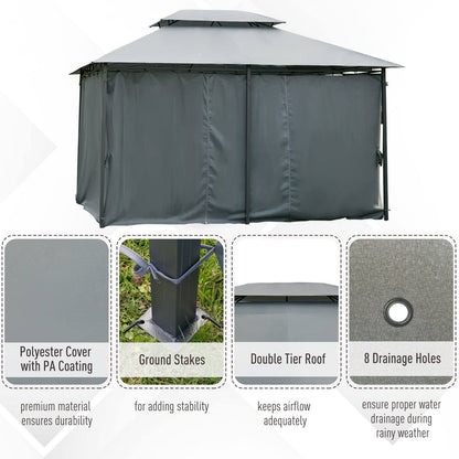 4m x 3M Steel Gazebo Canopy Party Tent Garden Pavillion Patio Shelter Pavilion with Curtains Sidewalls Grey